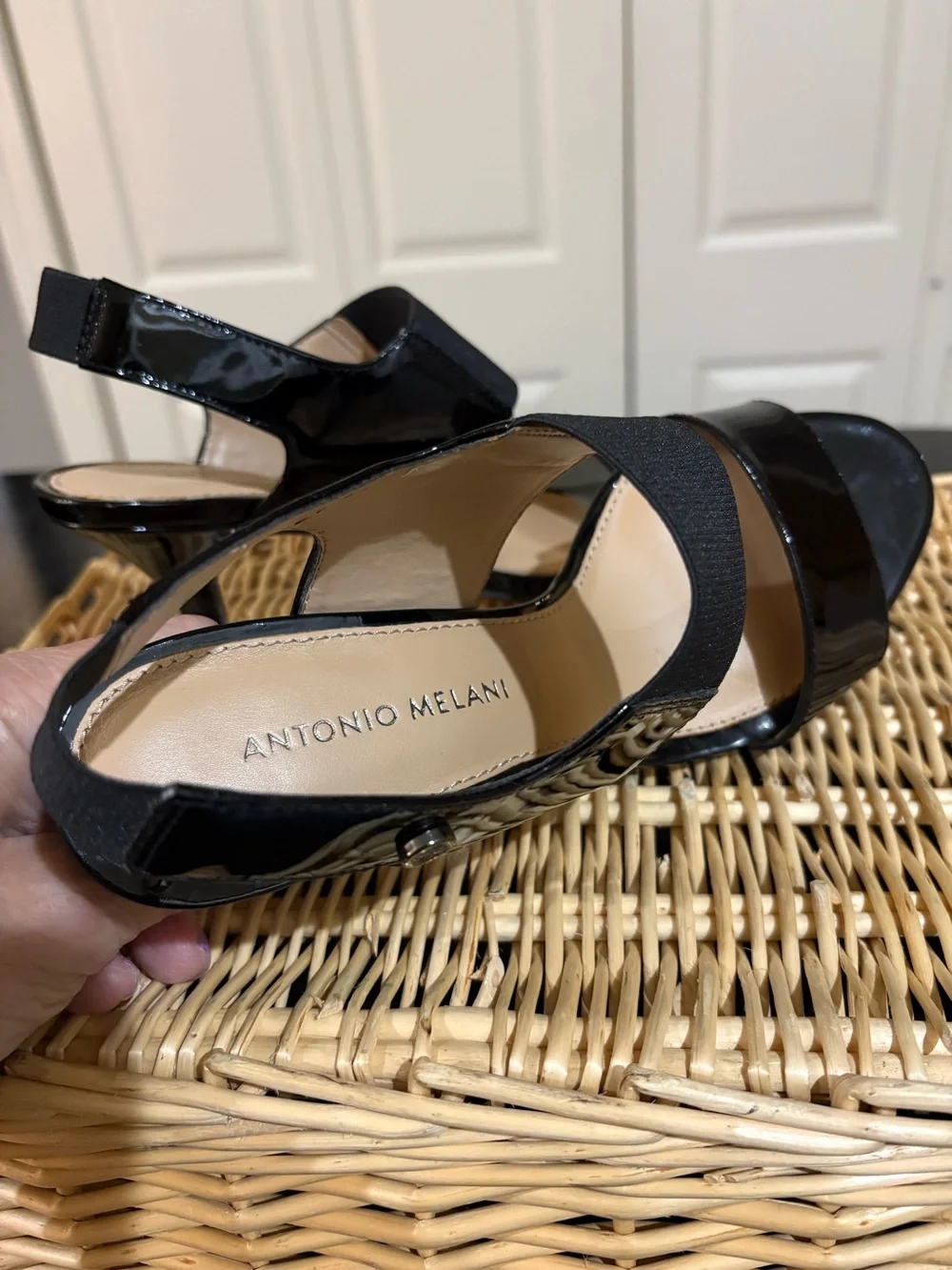 Antonio Melani Black Patent Slingback Heels with Elastic Strap - Women Shoes